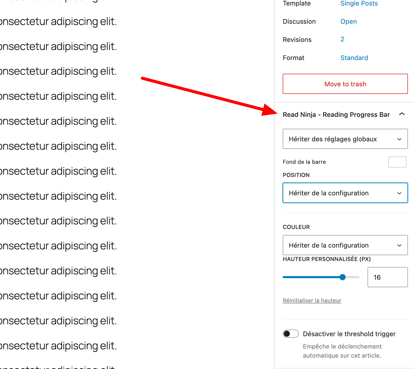 Panneau de surcharges par article ReadNinja dans la barre latérale Gutenberg