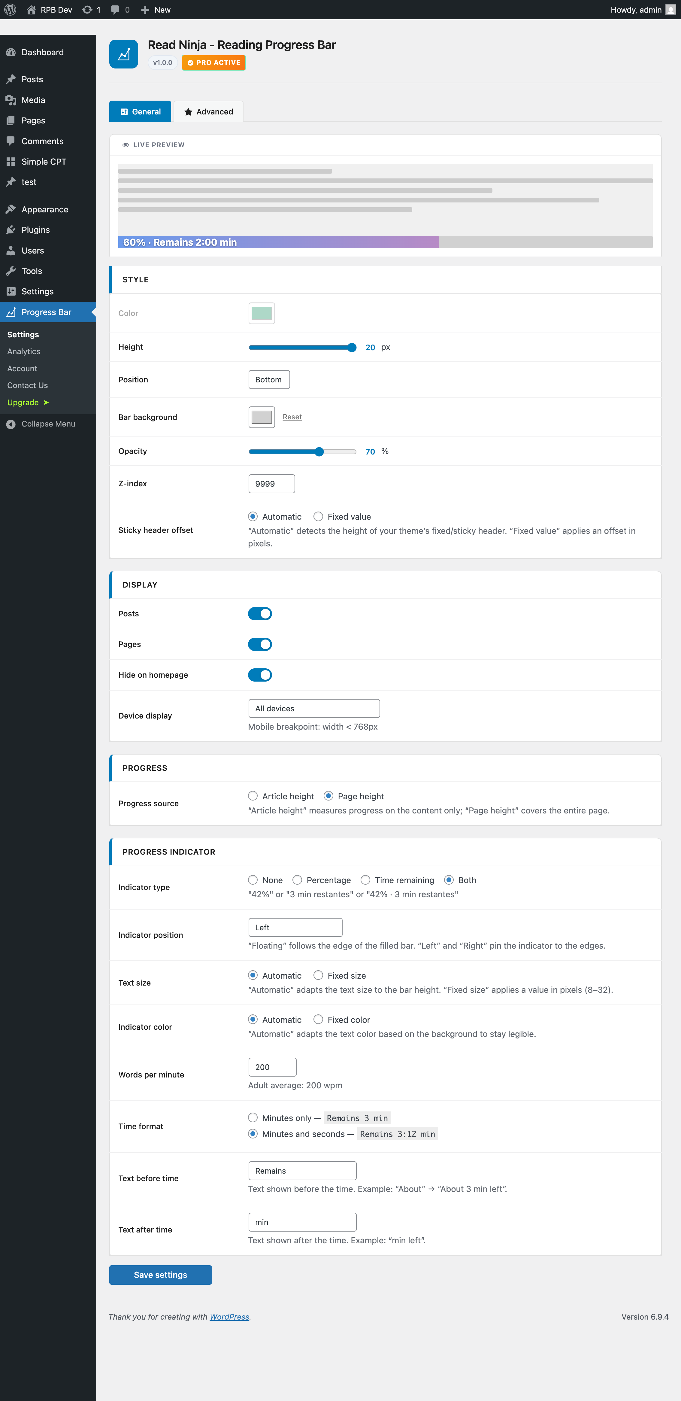 L'onglet Style de la page de réglages Barre de progression dans l'admin WordPress